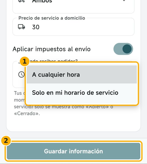 Paso 8: Elige cuándo recibes pedidos y guarda