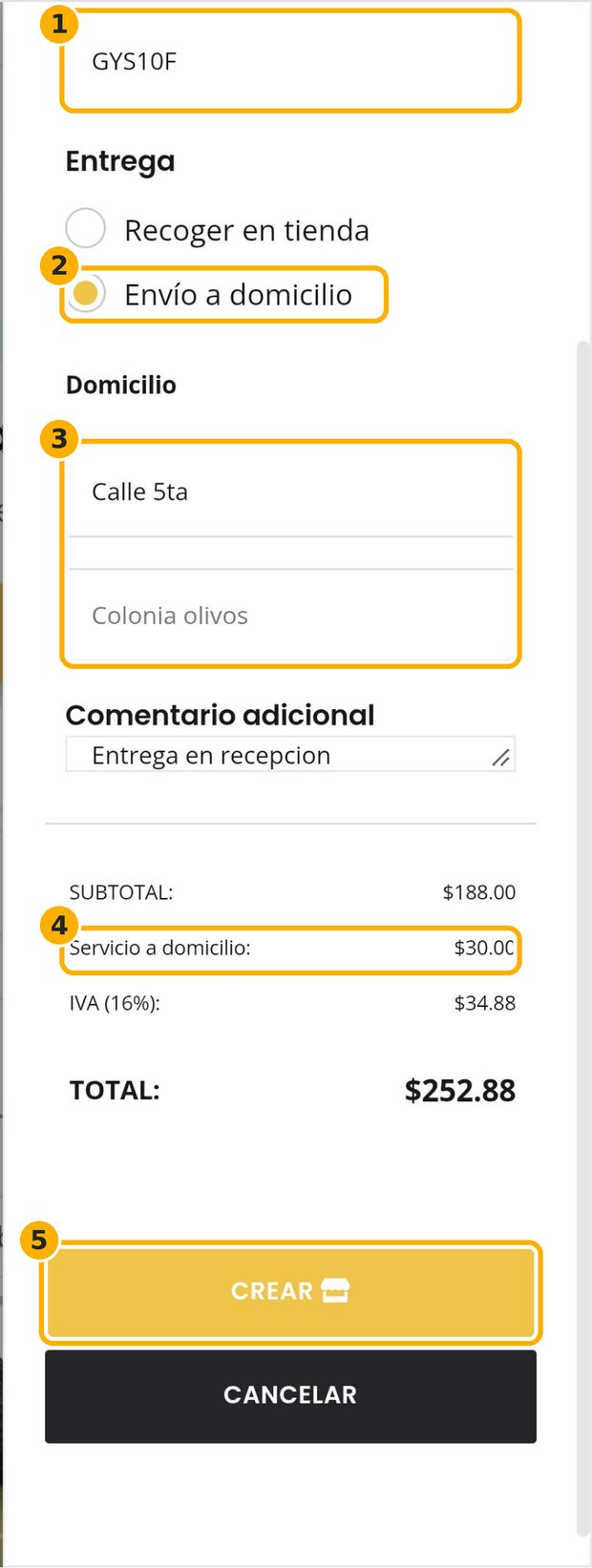 Paso 3: Pedido con envío a domicilio
