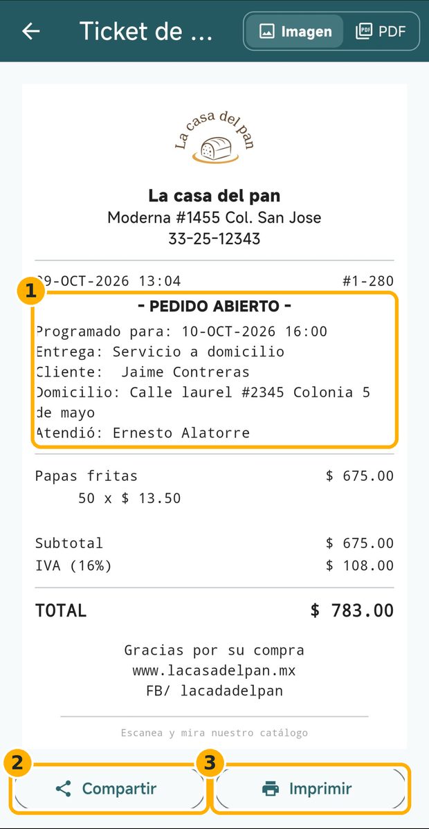 Paso 6: Comparte el ticket del pedido